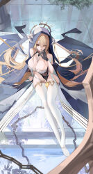 Rule 34 | 1girl, a fangfang fang fang, absurdres, azur lane, bare shoulders, bird, black gloves, blonde hair, breasts, chain, cleavage, fake horns, fellatio gesture, full body, gloves, habit, hair between eyes, halo, highres, horns, implacable (azur lane), large breasts, long bangs, long hair, looking at viewer, manjuu (azur lane), nun, open mouth, pelvic curtain, revealing clothes, sitting, solo, thighhighs, thighs, veil, water, white thighhighs