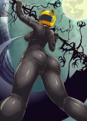 Rule 34 | 1girl, animal ears, ass, black bodysuit, bodysuit, breasts, cat ears, celty sturluson, darkness, durarara!!, helmet, highres, large breasts, looking at viewer, looking back, looking down, moon, orizen, scythe, solo, thighs, tight clothes
