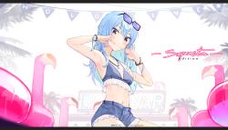 Rule 34 | 1girl, absurdres, armpits, bad id, bad pixiv id, bikini, blue bikini, blue eyes, blue hair, blue shorts, blush, bracelet, closed mouth, commentary request, cowboy shot, crop top, english text, eyewear on head, frilled shorts, frills, hand to own mouth, haru on, highres, hololive, hoshimachi suisei, inflatable toy, jewelry, long hair, looking at viewer, midriff, nail polish, navel, necklace, purple nails, short shorts, shorts, smile, solo, star (symbol), star in eye, string of flags, sunglasses, swimsuit, symbol in eye, virtual youtuber