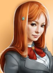 Rule 34 | 1girl, black eyes, blazer, bleach, bow, bowtie, closed mouth, eyelashes, from side, glowing, gradient background, hair ornament, hairclip, highres, inoue orihime, jacket, light smile, lips, long hair, looking at viewer, orange background, orange hair, parted bangs, realistic, red bow, red bowtie, school uniform, shirt, smile, solo, swept bangs, upper body, vylla