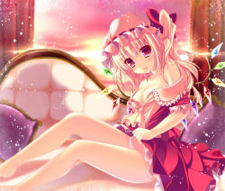 Rule 34 | 1girl, ascot, bare legs, bare shoulders, blonde hair, blush, breasts, cleavage, clothes lift, couch, embarrassed, female focus, flandre scarlet, hat, hat ribbon, kino (kino konomi), kino konomi, legs, lifting own clothes, looking at viewer, off shoulder, panties, pillow, red eyes, ribbon, short hair, side ponytail, sitting, skirt, skirt lift, skirt set, solo, sunset, touhou, underwear, upskirt, white panties, window, wings