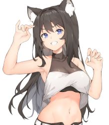 Rule 34 | 1girl, absurdres, animal ear fluff, animal ears, arm up, armpits, bare arms, bare shoulders, belt, black hair, blue eyes, breasts, cat ears, claw pose, collarbone, crop top, crop top overhang, grin, hand up, highres, kiro (kirotayu), large breasts, long hair, looking at viewer, midriff, navel, open fly, original, shirt, simple background, sleeveless, sleeveless shirt, smile, solo, stomach, upper body, v-shaped eyebrows, white background, white shirt
