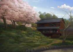 Rule 34 | bad id, bad pixiv id, cherry blossoms, cloud, day, grass, highres, house, landscape, nature, no humans, original, scenery, sky, toshiyu (10shi yu), tree