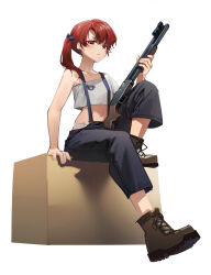 Rule 34 | 1girl, absurdres, arm support, blue overalls, boots, box, brown footwear, cardboard box, closed mouth, crop top, crop top overhang, cross-laced footwear, cube hair ornament, earrings, flat chest, frown, gun, hair ornament, hair over shoulder, highres, holding, holding gun, holding weapon, jewelry, knee up, lace-up boots, long hair, navel, original, overalls, panties, red eyes, red hair, rff (3 percent), shirt, short sleeves, shotgun, side ponytail, simple background, sitting, solo, stud earrings, underwear, v-shaped eyebrows, weapon, white background, white panties, white shirt