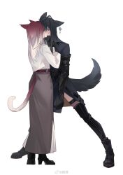 Rule 34 | 2girls, animal ears, black coat, black footwear, black gloves, black thighhighs, blush, boots, cat ears, cat girl, cat tail, coat, dog ears, dog girl, dog tail, earrings, elbow gloves, gloves, gradient hair, grey eyes, hand on another&#039;s face, height difference, highres, jewelry, kemonomimi mode, kiss, long sleeves, miix777, multicolored hair, multiple girls, path to nowhere, rahu (path to nowhere), red hair, shalom (path to nowhere), shirt, simple background, tail, thigh boots, thighhighs, white background, white hair, white shirt, yuri