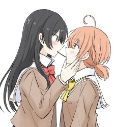Rule 34 | 2girls, ahoge, black hair, blush, bow, bowtie, brown eyes, brown shirt, commentary request, eye contact, food, from side, grey eyes, hand on another&#039;s face, highres, koito yuu, long hair, long sleeves, looking at another, multiple girls, nanami touko, nemu1423, orange hair, pocky, pocky kiss, profile, red bow, red bowtie, sailor collar, school uniform, serafuku, shared food, shirt, short twintails, simple background, tohmi higashi high school uniform, twintails, upper body, white background, white sailor collar, yagate kimi ni naru, yellow bow, yellow bowtie, yuri
