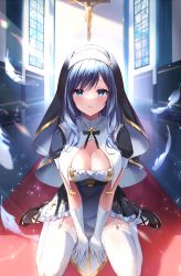 Rule 34 | 1girl, backlighting, belt, black footwear, black ribbon, black skirt, blue eyes, blue hair, blush, breast curtains, breasts, carpet, church, cleavage, cross, feathers, frown, garter straps, habit, highres, indoors, japanese clothes, large breasts, long hair, looking at viewer, mayo (miyusa), miniskirt, neck ribbon, nun, on floor, one eye closed, original, ribbon, short sleeves, sitting, skirt, solo, sparkle, stained glass, tearing up, tears, thighhighs, wariza, white thighhighs