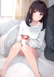 Rule 34 | 1boy, 1girl, bare legs, barefoot, bed sheet, black hair, blanket, blush, closed mouth, coffee mug, commentary request, cup, curtains, day, dress, feet, feet out of frame, highres, holding, holding cup, indoors, knees up, lens flare, long hair, long sleeves, looking at viewer, mug, on bed, original, purple eyes, sakura no tomoru hi e, shirt, sitting, sleeves past wrists, smile, solo focus, steam, sweater, sweater dress, textless version, white dress, white shirt, white sweater, window