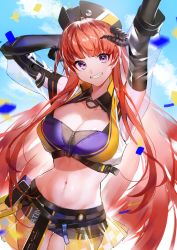 Rule 34 | 1girl, arknights, arms up, bagpipe (arknights), bagpipe (queen no. 1) (arknights), blue sky, breasts, cleavage, cloud, commentary, confetti, cowboy shot, crop top, day, elbow gloves, gloves, grin, hat, head tilt, highres, horns, ichibi, large breasts, long hair, long sleeves, looking at viewer, midriff, navel, official alternate costume, orange hair, outdoors, pouch, purple eyes, see-through, see-through sleeves, short shorts, shorts, sky, smile, solo, standing, stomach, very long hair