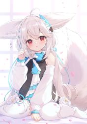 Rule 34 | 1girl, absurdres, ahoge, animal ear fluff, animal ears, asymmetrical legwear, black footwear, blush, commentary request, commission, detached sleeves, dress, ears down, flower, fox ears, fox girl, fox tail, frilled dress, frilled thighhighs, frills, hand up, highres, light smile, long hair, long sleeves, looking at viewer, mikaze oto, mismatched legwear, original, puffy long sleeves, puffy sleeves, red eyes, sakurada shiro (hy plus), silver hair, skeb commission, sleeves past wrists, smile, solo, tail, thighhighs, very long hair, white background, white dress, white flower, white thighhighs
