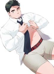 Rule 34 | 1boy, bara, black eyes, black hair, bulge, collared shirt, facial hair, highres, long sleeves, looking at viewer, male focus, male underwear, manly, muscular, muscular male, navel, necktie, open clothes, open shirt, original, shirt, solo, spiked hair, stubble, thick eyebrows, thick thighs, thighs, udon oneday, unbuttoned, unbuttoned shirt, underwear, white background