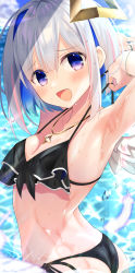 Rule 34 | 1girl, amane kanata, angel, angel wings, armpits, bikini, blue hair, breasts, colored inner hair, feathered wings, feathers, grey hair, highres, hololive, jewelry, looking at viewer, looking back, mizuno kurage, multicolored hair, necklace, open mouth, presenting armpit, purple eyes, short hair, small breasts, solo, swimsuit, virtual youtuber, water, wet, wings