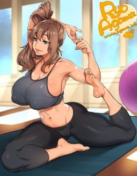 Rule 34 | 1girl, agawa ryou, armpits, artist name, bad id, bad tumblr id, ball, bare shoulders, barefoot, breasts, brown hair, cleavage, covered erect nipples, exercise ball, feet, flexible, large breasts, lips, long hair, navel, original, parted lips, puffy nipples, side ponytail, signature, soles, solo, thighs, toes, toned, yoga