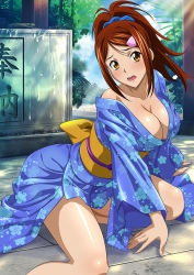 Rule 34 | 1girl, bachou mouki, bare legs, blue kimono, blue scrunchie, breasts, brown eyes, brown hair, cleavage, collarbone, day, floral print, hair ornament, hair scrunchie, hairclip, high ponytail, ikkitousen, japanese clothes, kimono, large breasts, long hair, looking at viewer, naked kimono, obi, open mouth, outdoors, print kimono, sash, scrunchie, shiny skin, solo, sunlight, swept bangs, wavy mouth