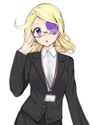 Rule 34 | 1girl, :o, aged up, black-framed eyewear, black jacket, black skirt, blonde hair, blue eyes, blush, collared shirt, contrapposto, earrings, eyepatch, female focus, formal, glasses, hand up, harime nui, heart, heart earrings, highres, jacket, jewelry, kill la kill, long sleeves, looking at viewer, name tag, otxoa60, parted lips, pencil skirt, semi-rimless eyewear, shirt, simple background, skirt, solo, standing, suit, symbol in eye, under-rim eyewear, upper body, white background, white shirt
