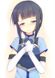 Rule 34 | 10s, 1girl, armor, black hair, blue eyes, blush, breastplate, elbow gloves, gloves, jougen, looking at viewer, resized, sachi (sao), simple background, smile, solo, sword art online, white background, white gloves
