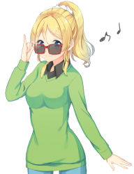 Rule 34 | 10s, 1girl, adjusting eyewear, ayase eli, bad id, bad pixiv id, blonde hair, blue eyes, long sleeves, looking at viewer, looking over eyewear, love live!, love live! school idol festival, love live! school idol project, musical note, ponytail, quaver, reina (leinqchqn), simple background, smile, solo, sunglasses, sweater, white background