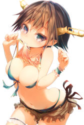 Rule 34 | 10s, 1girl, bare shoulders, bikini, blue eyes, breasts, brown hair, cleavage, clothes lift, commentary request, front-tie top, hairband, headgear, hiei (kancolle), kantai collection, leaning forward, looking at viewer, mouth hold, navel, shirt lift, short hair, simple background, skirt, solo, sune (mugendai), suneo, swimsuit, tank top, thigh strap