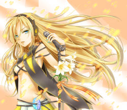 Rule 34 | 1girl, ag1eam, blonde hair, blue eyes, breasts, cleavage, flower, headphones, lily (vocaloid), long hair, microphone, microphone stand, midriff, solo, underboob, vocaloid