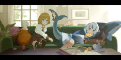 Rule 34 | 2girls, absurdres, bad id, bad pixiv id, black legwear, blonde hair, bloop (gawr gura), blue eyes, blue hair, blunt bangs, brown skirt, chicken (food), chicken leg, controller, couch, crossed legs, cup, eating, etta, eyebrows hidden by hair, fins, fish tail, food, gawr gura, gradient clothes, highres, hololive, hololive english, indoors, letterboxed, light rays, lying, multicolored hair, multiple girls, necktie, on side, parted lips, picture frame, pillow, pizza, pleated skirt, puffy sleeves, red neckwear, remote control, shark girl, shark tail, shirt, short hair, silver hair, sitting, skirt, soda, streaked hair, stuffed animal, stuffed toy, table, tail, thighhighs, two side up, virtual youtuber, watson amelia, white shirt, wide sleeves, window