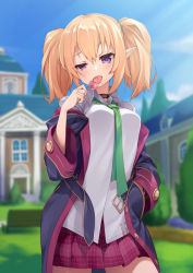 1girl :p blonde_hair blurry blurry_background blush breasts candy chloe_(princess_connect!) collared_shirt commentary_request cowboy_shot day depth_of_field food green_necktie hand_in_pocket hand_up holding jacket lollipop long_hair long_sleeves looking_at_viewer mofu_namako necktie off_shoulder open_clothes open_jacket open_mouth plaid_clothes plaid_skirt pleated_skirt pointy_ears princess_connect! purple_eyes purple_skirt red_skirt shirt skirt solo tongue tongue_out twintails untucked_shirt