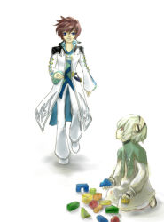 Rule 34 | 2boys, asbel lhant, blue eyes, capelet, coat, dress, frills, green hair, hairband, lambda, multiple boys, open mouth, pants, red eyes, red hair, shoes, short hair, tales of (series), tales of graces