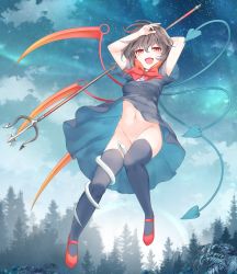 Rule 34 | 1girl, asymmetrical wings, black dress, black thighhighs, bottomless, bow, bowtie, breasts, cloud, cloudy sky, day, dress, extended upskirt, female focus, full body, half-closed eyes, highres, houjuu nue, looking at viewer, mary janes, medium breasts, mikoma sanagi, navel, no panties, open mouth, outdoors, polearm, red bow, red bowtie, red eyes, red footwear, shoes, short dress, short hair, sky, smile, snake, solo, star (sky), starry sky, thighhighs, touhou, tree, trident, upskirt, weapon, wings