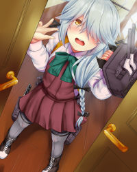 Rule 34 | 1girl, ahoge, black ribbon, blush, bow, bowtie, braid, brown eyes, cannon, collared shirt, day, door, dress, em s, embarrassed, grey hair, hair over eyes, hair over one eye, hair ribbon, hallway, hamanami (kancolle), highres, holding, holding weapon, kantai collection, long hair, long sleeves, machinery, open door, open mouth, pantyhose, ribbon, rigging, school uniform, shirt, sidelocks, single braid, sleeveless, solo, tearing up, thigh strap, torpedo launcher, turret, w, weapon, white shirt