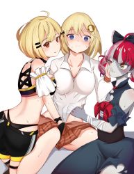 Rule 34 | 3girls, ahoge, bare shoulders, black bow, blonde hair, blue eyes, blush, bow, breasts, choker, cleavage, collarbone, colored skin, double bun, dress, fang, grey hair, hair bow, hair bun, hair ornament, hairclip, hand under clothes, heterochromia, highres, hololive, hololive english, hololive indonesia, kureiji ollie, looking at viewer, multicolored hair, multiple girls, open mouth, patchwork skin, pink hair, red bow, red eyes, red hair, short hair, skaarl (artist), stitched face, stitches, sweat, torn clothes, virtual youtuber, watson amelia, yellow eyes, yozora mel, yozora mel (2nd costume), yuri, zombie