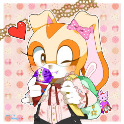 Rule 34 | 1girl, animal ears, backpack, bag, blaze the cat, blush, bow, brown eyes, cream the rabbit, food, food in mouth, frilled sleeves, frills, furry, furry female, gloves, heart, holding, holding food, holding ice cream, ice cream, ice cream cone, kusunoki cherry, looking at viewer, one eye closed, rabbit ears, rabbit girl, sonic (series), white gloves