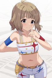 Rule 34 | 1girl, ahoge, bare shoulders, belt, blue eyes, blunt bangs, blush, breasts, brown hair, closed mouth, collarbone, cowboy shot, dot nose, ebifu, finger to mouth, highres, idolmaster, idolmaster million live!, idolmaster million live! theater days, light smile, navel, official alternate costume, short hair, shorts, sidelocks, simple background, small breasts, solo, star piece dreamer, suou momoko, tank top, wavy hair, white shorts, white tank top