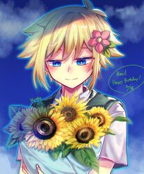 Rule 34 | 1boy, absurdres, artist name, basil (faraway) (omori), basil (omori), blonde hair, blue eyes, blush, bouquet, character name, closed mouth, collared shirt, dated, day, flower, green sweater vest, happy birthday, highres, holding, holding bouquet, looking at viewer, myohn, omori, outdoors, shirt, short sleeves, smile, solo, sunflower, sweater vest, upper body, white shirt