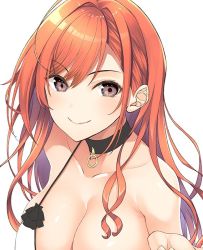 Rule 34 | 1girl, arisugawa natsuha, bare shoulders, black collar, black eyes, breasts, collar, collarbone, commentary request, dress, face, idolmaster, idolmaster shiny colors, inuzumi masaki, large breasts, long hair, looking at viewer, messy hair, red hair, simple background, smile, solo, white background