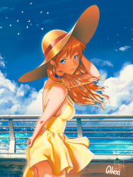Rule 34 | 1girl, absurdres, alexi ansell, arm behind back, arm up, bird, blue choker, blue eyes, blue sky, breasts, choker, cloud, cloudy sky, cowboy shot, dated, dress, from side, hat, highres, horizon, long hair, looking at viewer, medium breasts, neon genesis evangelion, orange hair, outdoors, signature, sky, solo, souryuu asuka langley, splashing, water, yellow dress