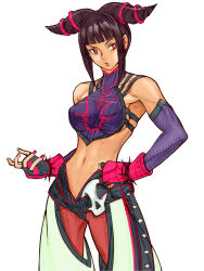 1girl armpit_peek black_hair blunt_bangs bracelet breasts brown_eyes collarbone cowboy_shot crop_top detached_sleeves fingerless_gloves gloves hair_horns han_juri highres jewelry looking_at_viewer midriff navel pants parted_lips pink_nails short_hair sideboob simple_background sketch skull_ornament solo spiked_bracelet spikes street_fighter white_background white_pants xfiro