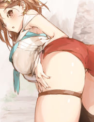 Rule 34 | 1girl, :o, ass, atelier (series), atelier ryza, atelier ryza 2, blush, breasts, brown eyes, brown hair, earrings, hair behind ear, hand on own thigh, highres, jewelry, large breasts, open mouth, red shorts, reisalin stout, shigure (shigure 43), shirt, short hair, short shorts, shorts, single thighhigh, skindentation, thick thighs, thigh strap, thighhighs, thighs, white shirt