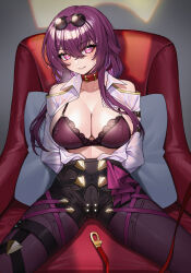 Rule 34 | 1girl, absurdres, arms behind back, bare shoulders, black shorts, bra, breasts, chair, cleavage, clothing cutout, collar, collared shirt, eyewear on head, gluteal fold, gold trim, highres, honkai: star rail, honkai (series), kafka (honkai: star rail), lace, lace-trimmed bra, lace trim, large breasts, leash, long sleeves, nanni jjang, open clothes, open shirt, pantyhose, parted lips, pillow, pink eyes, purple bra, purple hair, purple pantyhose, round eyewear, see-through, shirt, short shorts, shorts, shoulder cutout, sitting, smile, solo, spread legs, string bra, sunglasses, thigh strap, tinted eyewear, underwear, wet, wet clothes, wet shirt, white shirt