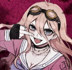 Rule 34 | 1girl, :d, ahoge, antenna hair, black gloves, blonde hair, blue eyes, breasts, choker, cleavage, collarbone, commentary request, danganronpa (series), danganronpa v3: killing harmony, fingerless gloves, gloves, goggles, goggles on head, gradient background, hair between eyes, hair ornament, iruma miu, large breasts, long hair, looking at viewer, middle finger, open mouth, pink background, pink shirt, raonal97, school uniform, shirt, smile, solo, teeth, tongue, tongue out, upper body, upper teeth only