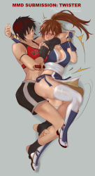 Rule 34 | 2girls, boxing gloves, breasts, brown eyes, brown hair, bula, catfight, cleavage, dead or alive, dead or alive 5, fighting, fingerless gloves, gloves, hair ornament, headlock, kasumi (doa), large breasts, lips, long hair, midriff, mila (doa), mixed martial arts, multicolored hair, multiple girls, ninja, ponytail, puffy short sleeves, puffy sleeves, red eyes, red hair, ryona, short hair, short sleeves, shorts, sports bra, strangling, thighhighs, thighs, watermark, web address