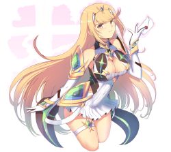 Rule 34 | 1girl, bare legs, bare shoulders, blonde hair, breasts, cat with a brush, chest jewel, cleavage, cleavage cutout, clothing cutout, dress, earrings, elbow gloves, gloves, highres, jewelry, large breasts, long hair, mythra (xenoblade), nintendo, short dress, smash invitation, solo, super smash bros., swept bangs, thigh strap, tiara, very long hair, white dress, white gloves, xenoblade chronicles (series), xenoblade chronicles 2, yellow eyes