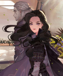 Rule 34 | 1boy, 1girl, armor, black cape, black hair, blurry, blurry background, breasts, cape, commentary request, floating hair, flower, from side, frown, fur trim, geralt of rivia, half updo, highres, layered sleeves, leaning forward, light rays, long hair, long sleeves, looking at viewer, looking away, medium breasts, mole, mole under mouth, orange eyes, peach luo, plant, planter, profile, puff and slash sleeves, puffy sleeves, purple eyes, red lips, scar, scar across eye, scar on face, short over long sleeves, short sleeves, side-by-side, smile, swimsuit, the witcher (series), the witcher 3, upper body, white hair, wind, yennefer