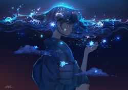 Rule 34 | 1girl, absurdres, aki a0623, blue eyes, cloud, glowing, highres, holding, holding star, huge filesize, japanese clothes, kimono, light, long hair, original, profile, solo focus, star (sky), star (symbol), surreal, wavy hair