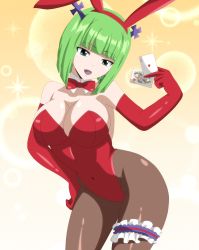 Rule 34 | 1girl, animal costume, blue eyes, brandish mew, breasts, fairy tail, gloves, green hair, hair ornament, highres, large breasts, leotard, letter, open mouth, playboy bunny, rabbit ears, short hair, smile, tagme, trenganfinn29