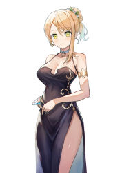 Rule 34 | 1girl, aer7o, armlet, atelier (series), atelier ryza, atelier ryza 1, black dress, blonde hair, breasts, choker, cleavage, closed mouth, dress, hair bun, highres, klaudia valentz, large breasts, martini, short ponytail, side slit, simple background, single hair bun, single sidelock, smile, solo, standing, white background