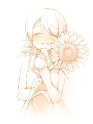 Rule 34 | 1girl, :d, blush, breasts, closed eyes, collarbone, dress, facing viewer, flower, hair between eyes, hands up, holding, holding flower, idolmaster, idolmaster cinderella girls, long hair, monochrome, morikubo nono, nose blush, open mouth, revision, ringlets, sepia, simple background, sleeveless, sleeveless dress, small breasts, smile, solo, uccow, white background