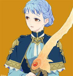 Rule 34 | 1girl, blue hair, blutgang (weapon), braid, brown eyes, fire emblem, fire emblem: three houses, guttary, hair bun, heroes relic (fire emblem), holding, holding weapon, looking to the side, marianne von edmund, nintendo, open mouth, simple background, single hair bun, solo, weapon