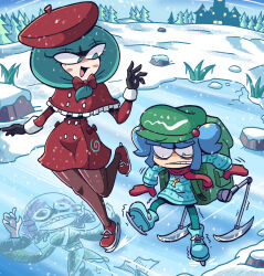 3girls black_gloves blue_coat blue_eyes blue_hair brown_pantyhose coat day frozen_lake gloves green_eyes green_hair green_hat hat highres ice ice_skates kagiyama_hina kawashiro_nitori kevin_arthur key long_sleeves mittens multiple_girls open_mouth outdoors pantyhose parted_lips short_hair short_twintails skates snow snowing teeth touhou twintails wakasagihime