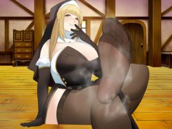 Rule 34 | blonde hair, bo wei (artist), feet, foot focus, hand on own face, nun, pantyhose, smell, smile, tagme