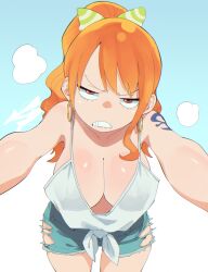 Rule 34 | 1girl, aetherion, angry, bare shoulders, blue background, breasts, brown eyes, cleavage, clenched teeth, cowboy shot, denim, denim shorts, downblouse, gradient background, hanging breasts, highres, large breasts, leaning forward, long hair, long sleeves, looking at viewer, nami (one piece), no bra, one piece, orange hair, ponytail, reaching, reaching towards viewer, shiny skin, shorts, solo, standing, tank top, tattoo, teeth, torn clothes, torn shorts, white background, white tank top