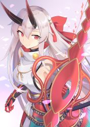 Rule 34 | 100, 100percent park, 1girl, absurdres, armor, bow (weapon), breasts, fate/grand order, fate (series), gold trim, grey hair, hair ribbon, headband, highres, holding, holding bow (weapon), holding weapon, horns, japanese armor, kusazuri, large breasts, long hair, looking at viewer, red eyes, red ribbon, ribbon, sheath, sideboob, slit pupils, smile, solo, tomoe gozen (fate), very long hair, weapon